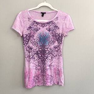 FANG Y2K Burnout Top Tattoo Rhinestone Womens Small Pink Purple Babydoll SEE